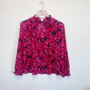 J. CREW Printed Ruffle Neck Magenta Pink Floral Blouse! Top S Small Long Sleeve